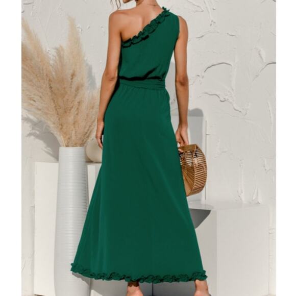 Unbranded Women’s Date Night One Shoulder Belted Flowy Maxi Dress Size L Green - Picture 2 of 9